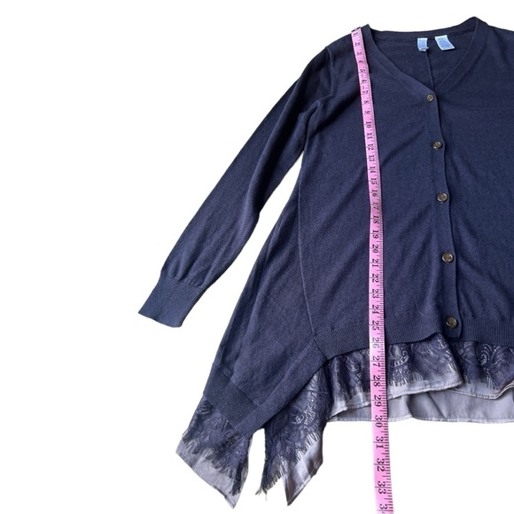 Tamsy Women’s Cashmere Cotton Navy Blue Lace Hem Tunic Cardigan Sweater, Small - Picture 8 of 8